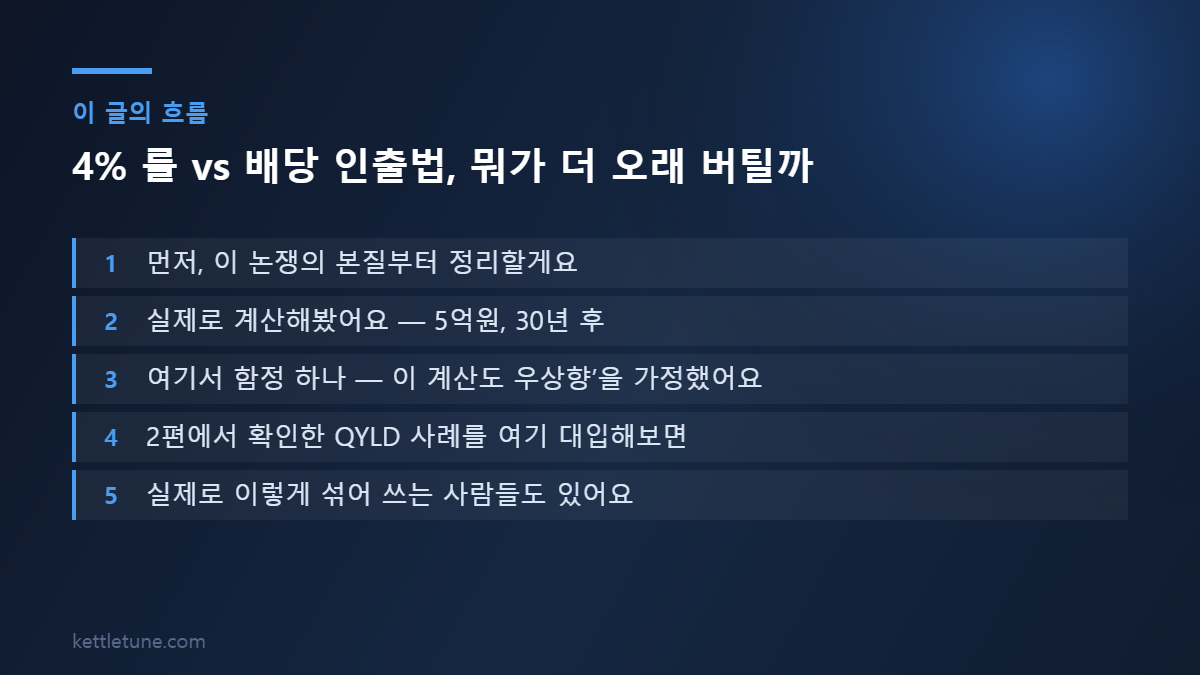 4% 룰 vs 배당 인출법, 뭐가 더 오래 버틸까 핵심 흐름 요약: 먼저, 이 논쟁의 본질부터 정리할게요, 실제로 계산해봤어요 — 5억원, 30년 후, 여기서 함정 하나 — 이 계산도 우상향’을 가정했어요