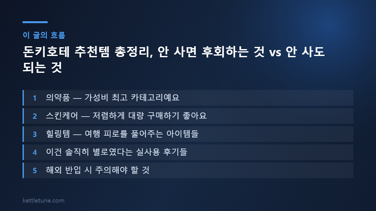 돈키호테 추천템 총정리, 안 사면 후회하는 것 vs 안 사도 되는 것 핵심 흐름 요약: 의약품 — 가성비 최고 카테고리예요, 스킨케어 — 저렴하게 대량 구매하기 좋아요, 힐링템 — 여행 피로를 풀어주는 아이템들
