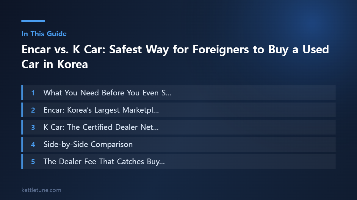 Encar vs. K Car: Safest Way for Foreigners to Buy a Used Car 핵심 흐름 요약: What You Need Before You Even S…, Encar: Korea’s Largest Marketpl…, K Car: The Certified Dealer Net…