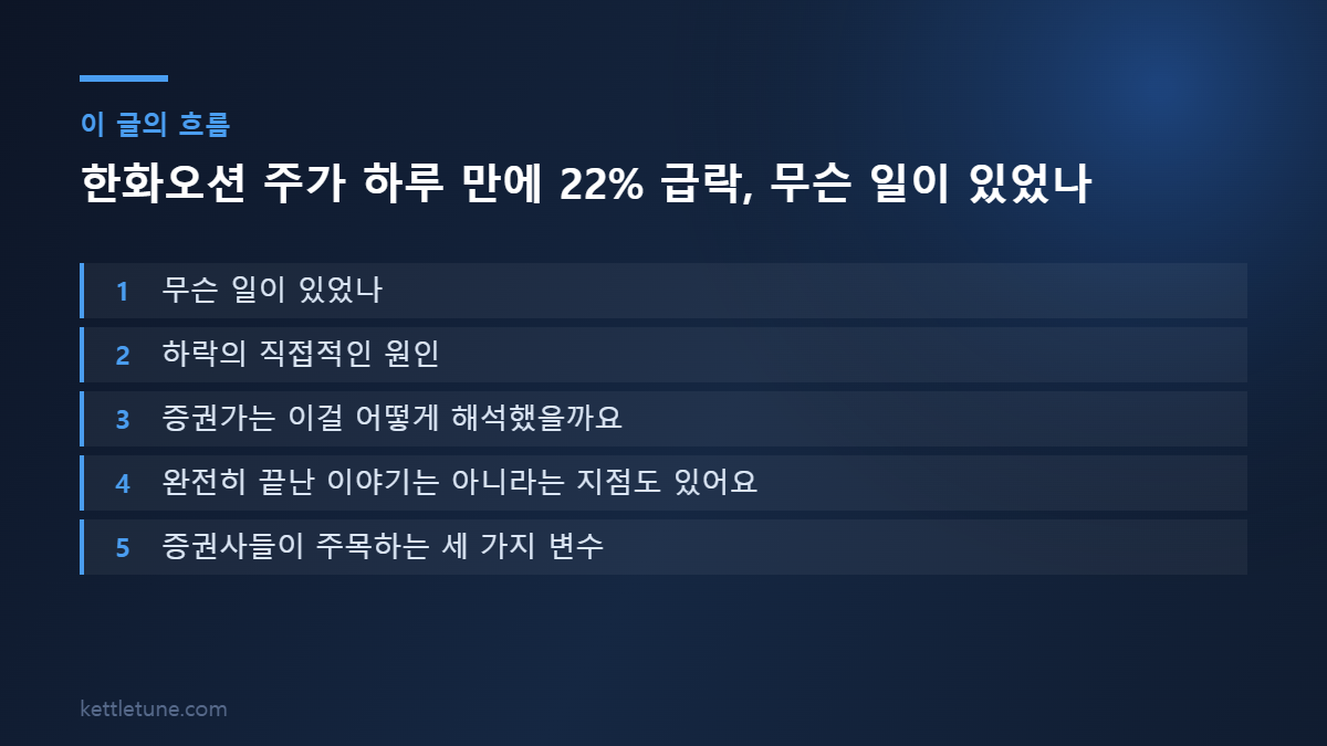 한화오션 주가 하루 만에 22% 급락, 무슨 일이 있었나 핵심 흐름 요약: 무슨 일이 있었나, 하락의 직접적인 원인, 증권가는 이걸 어떻게 해석했을까요