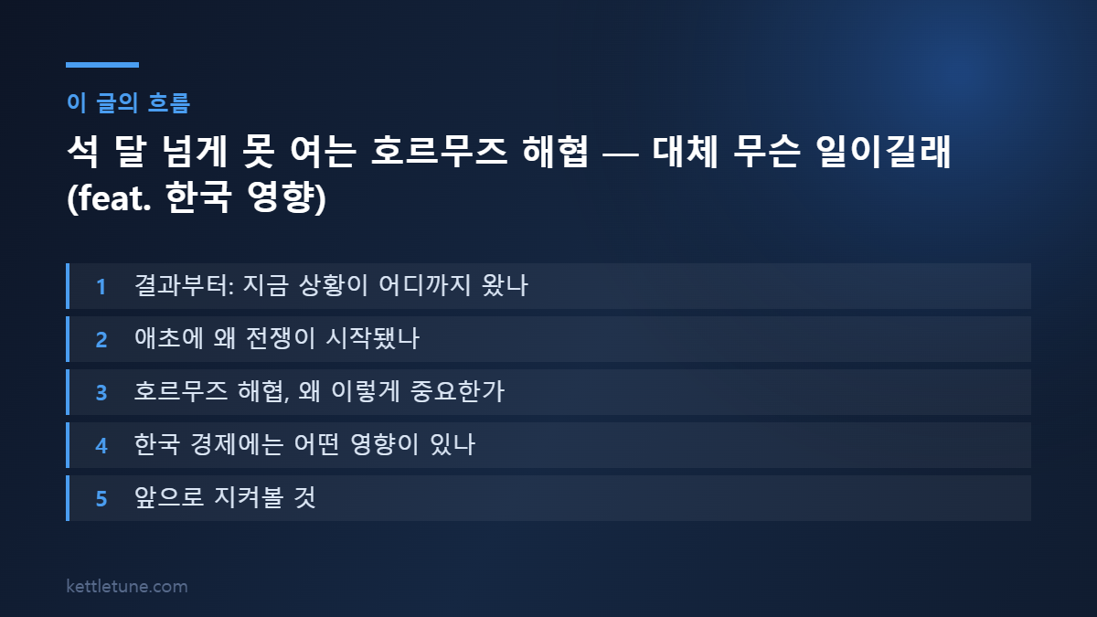 석 달 넘게 못 여는 호르무즈 해협 — 대체 무슨 일이길래 (feat. 한국 영향) 핵심 흐름 요약: 결과부터: 지금 상황이 어디까지 왔나, 애초에 왜 전쟁이 시작됐나, 호르무즈 해협, 왜 이렇게 중요한가