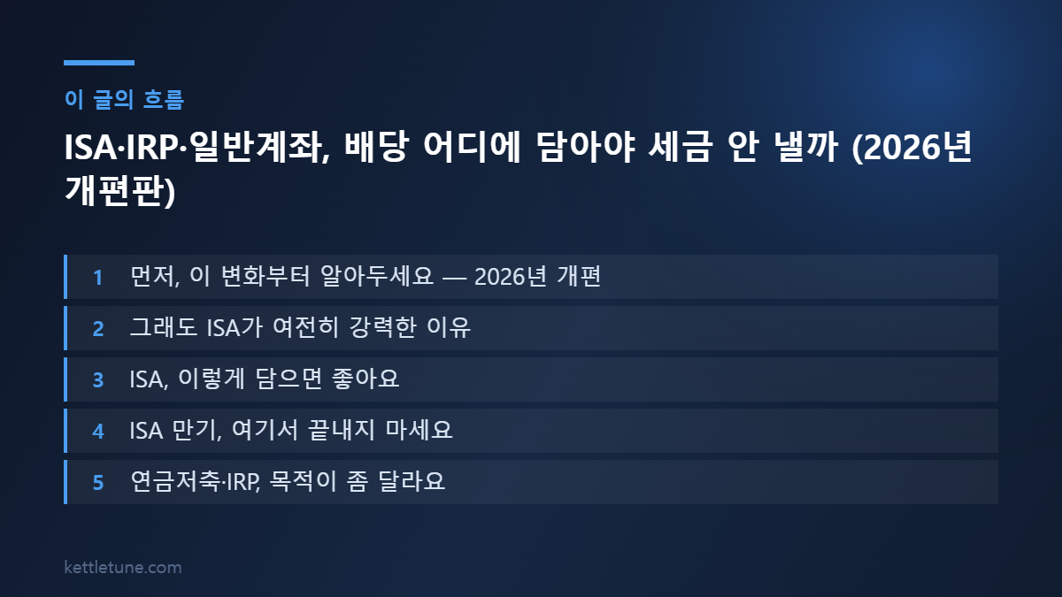 ISA·IRP·일반계좌, 배당 어디에 담아야 세금 안 낼까 (2026년 개편판) 핵심 흐름 요약: 먼저, 이 변화부터 알아두세요 — 2026년 개편, 그래도 ISA가 여전히 강력한 이유, ISA, 이렇게 담으면 좋아요