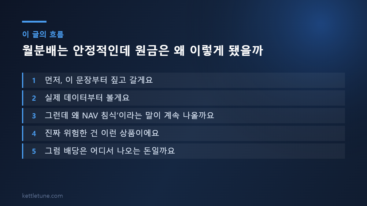 월분배는 안정적인데 원금은 왜 이렇게 됐을까 핵심 흐름 요약: 먼저, 이 문장부터 짚고 갈게요, 실제 데이터부터 볼게요, 그런데 왜 NAV 침식’이라는 말이 계속 나올까요