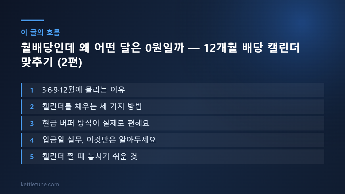 월배당인데 왜 어떤 달은 0원일까 — 12개월 배당 캘린더 맞추기 (2편) 핵심 흐름 요약: 3·6·9·12월에 몰리는 이유, 캘린더를 채우는 세 가지 방법, 현금 버퍼 방식이 실제로 편해요