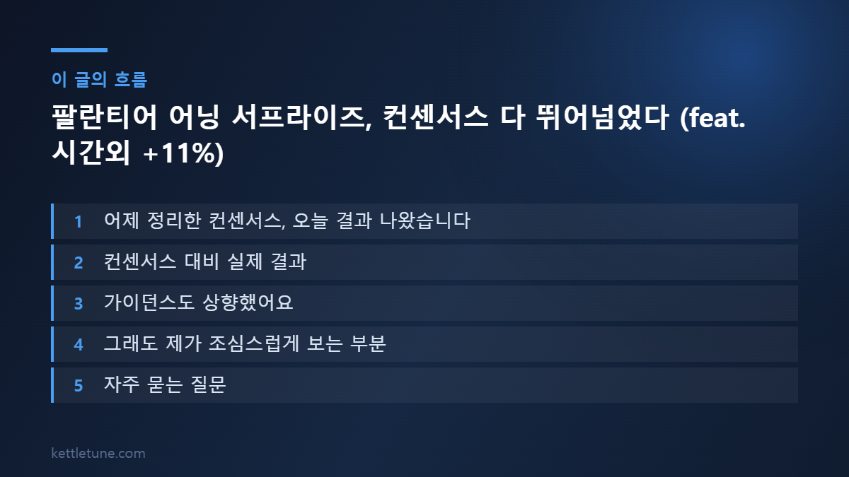 팔란티어 어닝 서프라이즈, 컨센서스 다 뛰어넘었다 (feat. 시간외 +11%) 핵심 흐름 요약: 어제 정리한 컨센서스, 오늘 결과 나왔습니다, 컨센서스 대비 실제 결과, 가이던스도 상향했어요