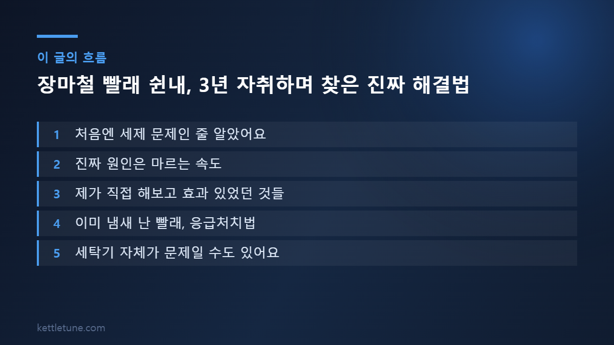 장마철 빨래 쉰내, 3년 자취하며 찾은 진짜 해결법 핵심 흐름 요약: 처음엔 세제 문제인 줄 알았어요, 진짜 원인은 마르는 속도, 제가 직접 해보고 효과 있었던 것들