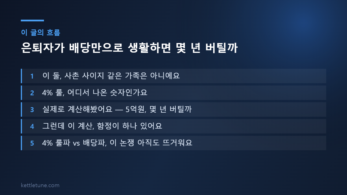 은퇴자가 배당만으로 생활하면 몇 년 버틸까 핵심 흐름 요약: 이 둘, 사촌 사이지 같은 가족은 아니에요, 4% 룰, 어디서 나온 숫자인가요, 실제로 계산해봤어요 — 5억원, 몇 년 버틸까