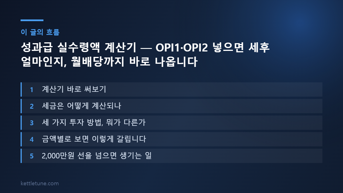 성과급 실수령액 계산기 — OPI1·OPI2 넣으면 세후 얼마인지, 월배당까지 바로 나옵니다 핵심 흐름 요약: 계산기 바로 써보기, 세금은 어떻게 계산되나, 세 가지 투자 방법, 뭐가 다른가