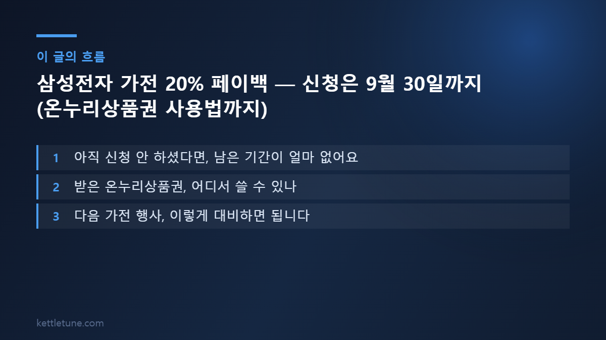 삼성전자 가전 20% 페이백 — 신청은 9월 30일까지 (온누리상품권 사용법까지) 핵심 흐름 요약: 아직 신청 안 하셨다면, 남은 기간이 얼마 없어요, 받은 온누리상품권, 어디서 쓸 수 있나, 다음 가전 행사, 이렇게 대비하면 됩니다