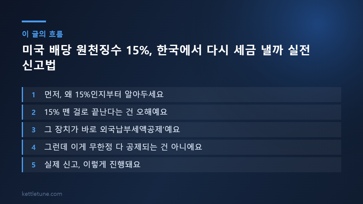 미국 배당 원천징수 15%, 한국에서 다시 세금 낼까 실전 신고법 핵심 흐름 요약: 먼저, 왜 15%인지부터 알아두세요, 15% 뗀 걸로 끝난다는 건 오해예요, 그 장치가 바로 외국납부세액공제’예요
