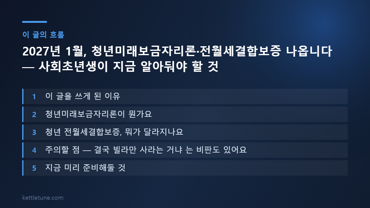 2027년 1월, 청년미래보금자리론·전월세결합보증 나옵니다 — 사회초년생이 지금 알아둬야 할 것 핵심 흐름 요약: 이 글을 쓰게 된 이유, 청년미래보금자리론이 뭔가요, 청년 전월세결합보증, 뭐가 달라지나요