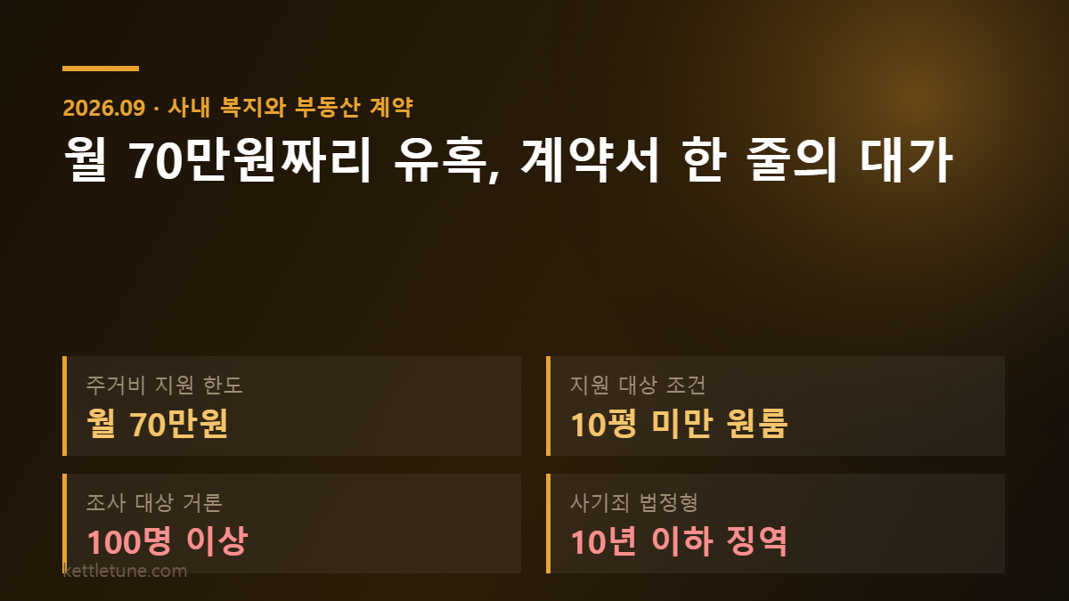삼성전자 주거비 지원 논란 요약 — 지원 한도 월 70만원, 대상 조건 10평 미만 원룸, 조사 대상 100명 이상, 사기죄 법정형 10년 이하 징역